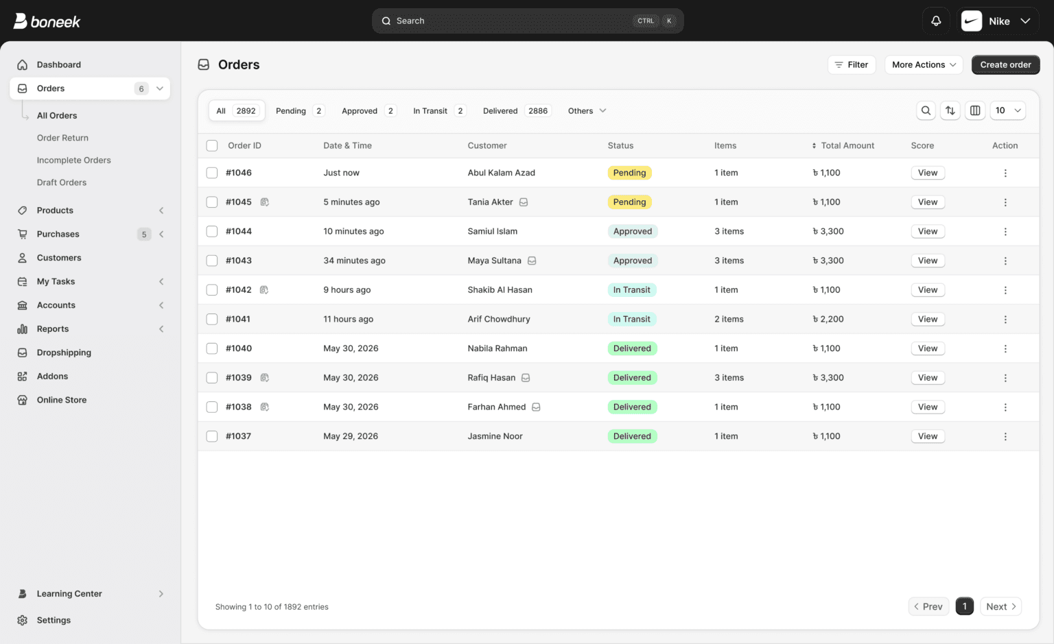 Boneek-এর order management dashboard